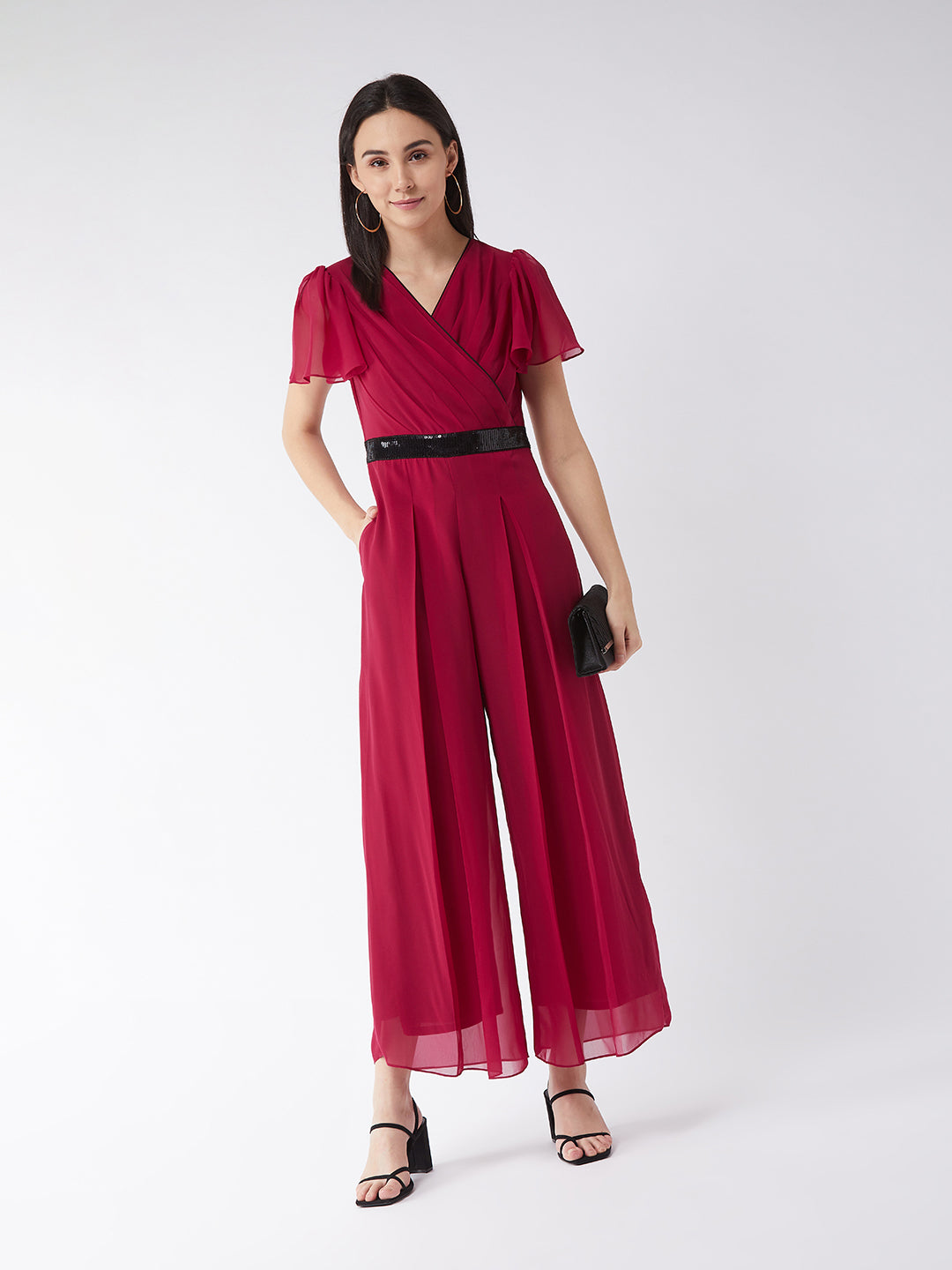 Women's Pink Solid Relaxed Fit Short Sleeve V-Neck Ankle-Length Straight Jumpsuit