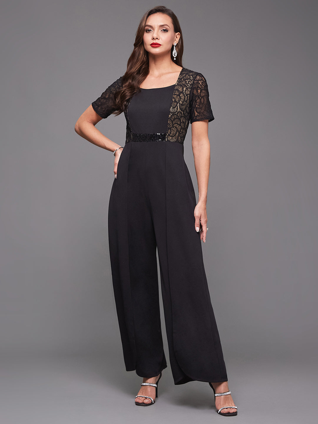 Women's Black Square-Neck Half-Sleeve Self-Designed Panelled Regular-Length Polyester Jumpsuit