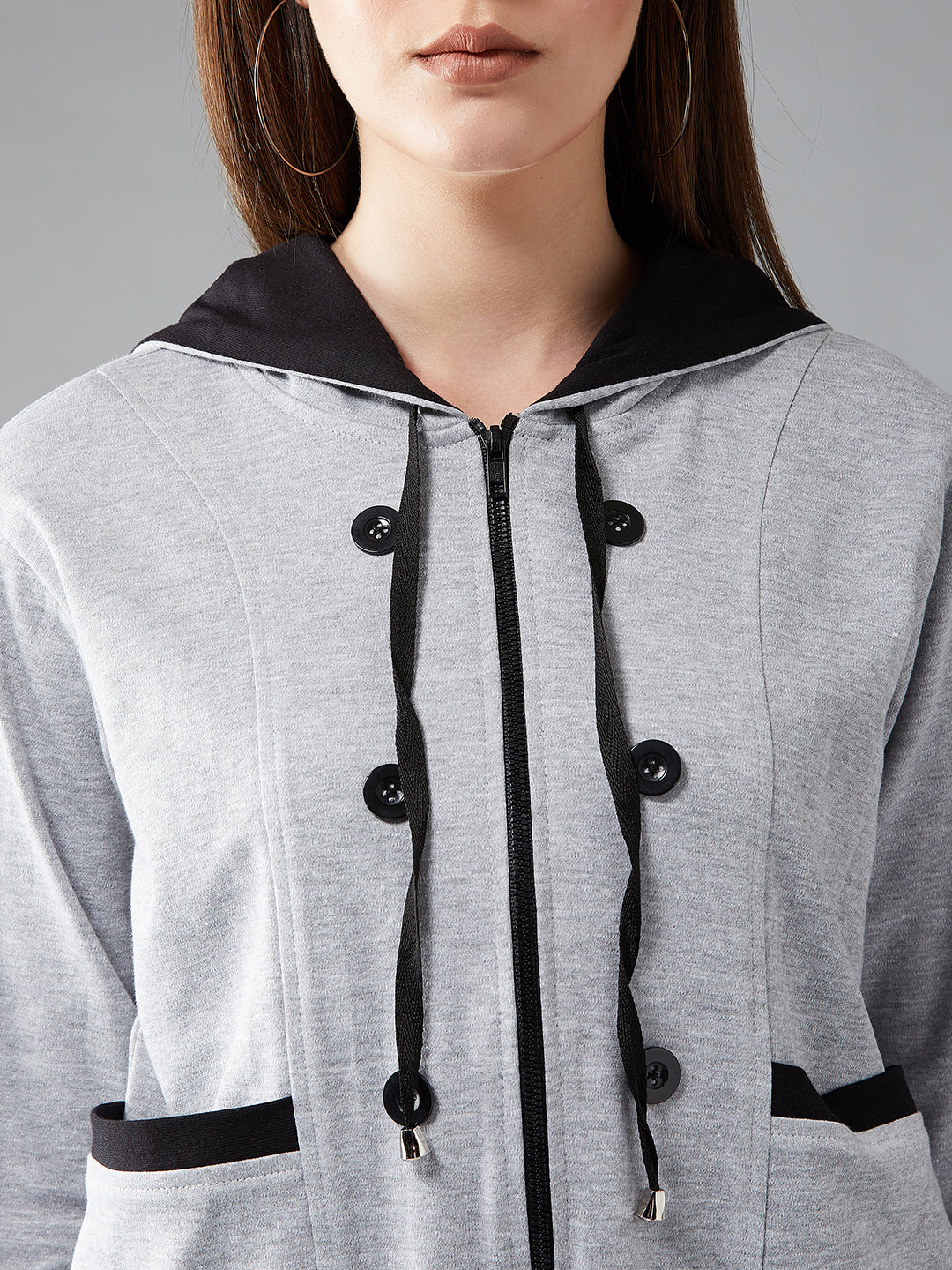 Women's Grey Hooded Full Sleeves Solid Drawstring And Eyelet Detailing Regular Length Jacket