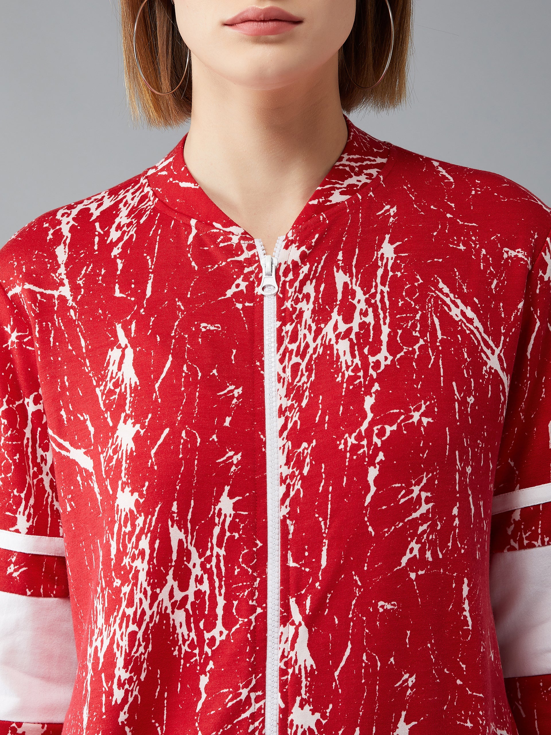 Women's Multicolored-Base-Red Round Neck Full Sleeves Printed Bomber/Paneled Regular Length Jacket