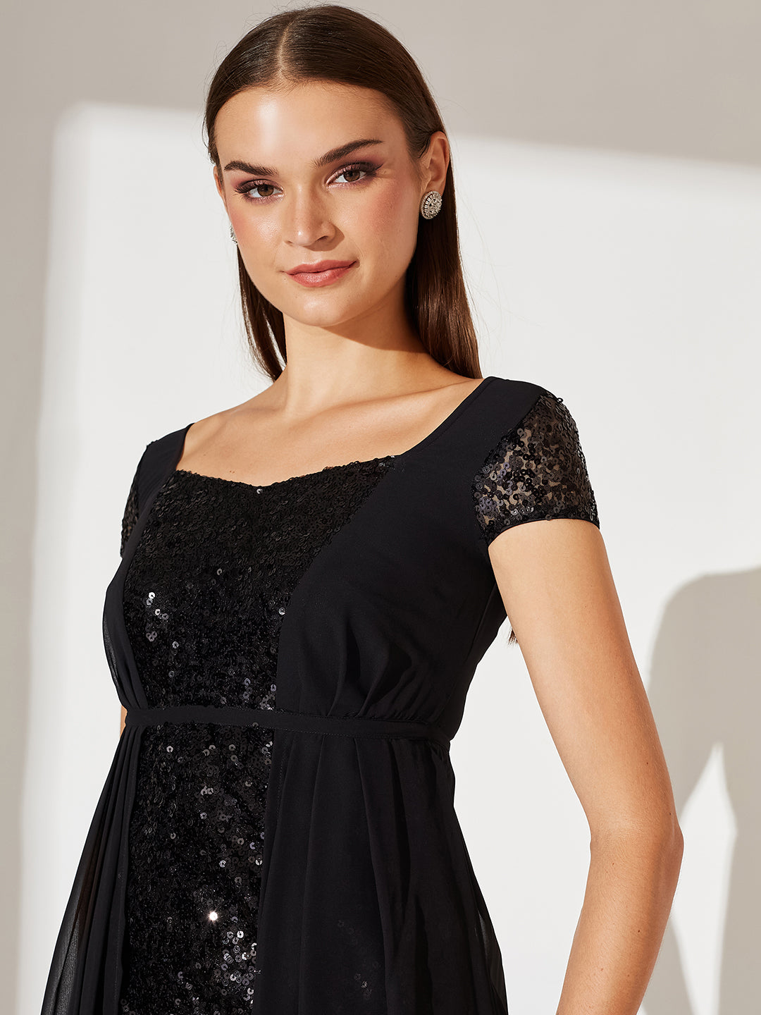 Women's Black Embellished Fit & Flare Maxi Dress