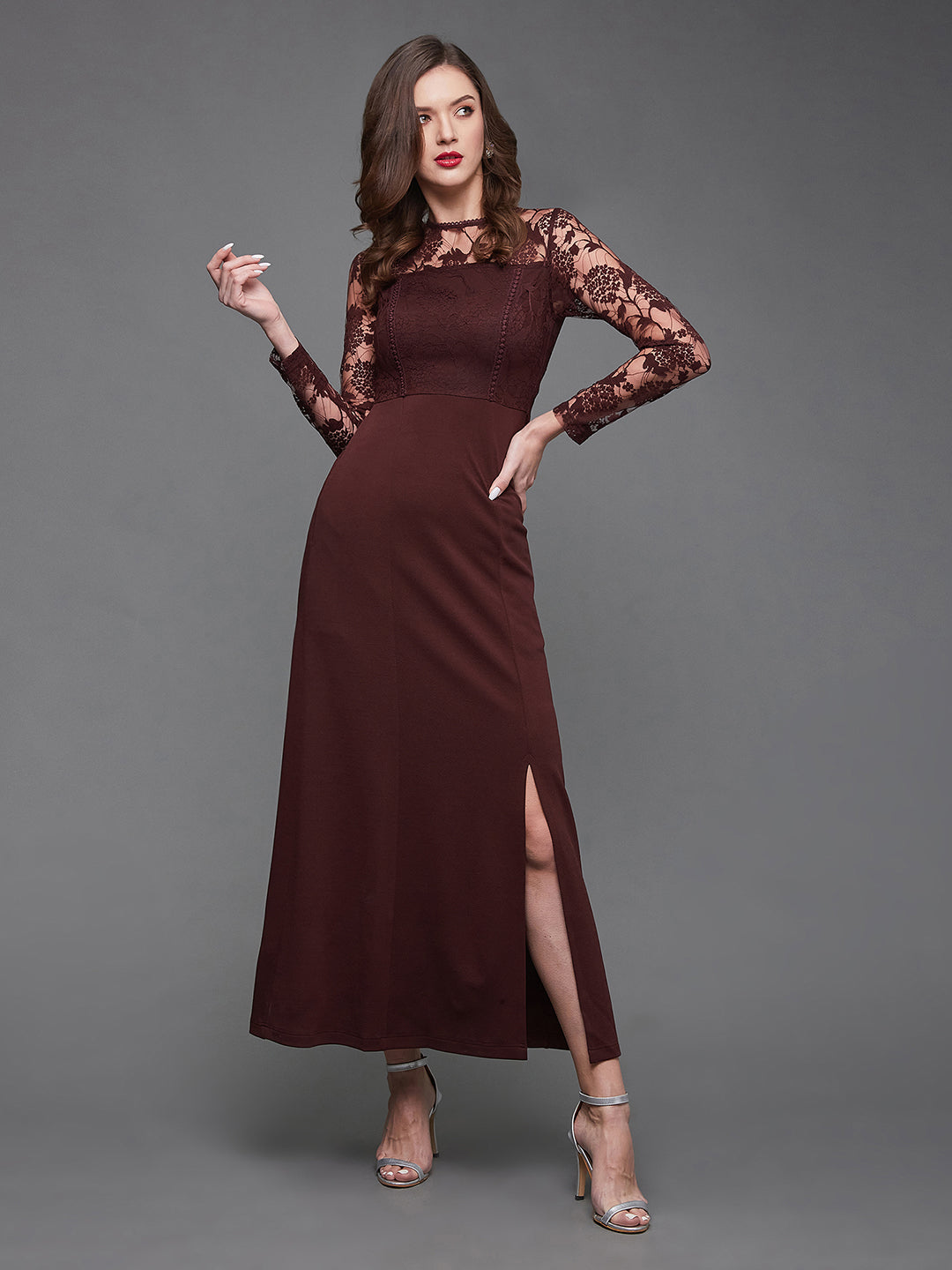 Crease Ease Women's Wine Colored Floral Polyester Slim Fit Round Neck Full Sleeve Maxi Dress