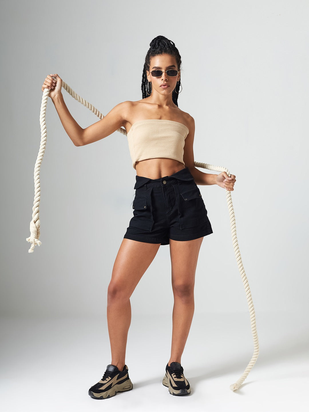 Black High-Rise Flared Stretch Denim Shorts with Quilted Waist & Statement Pockets for Women