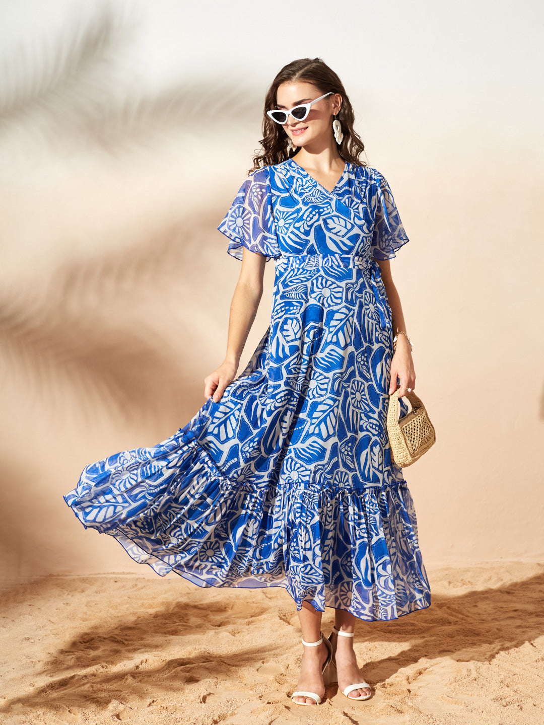 White & Blue Floral Printed Flutter Sleeves Maxi Dress for Women — Miss Chase
