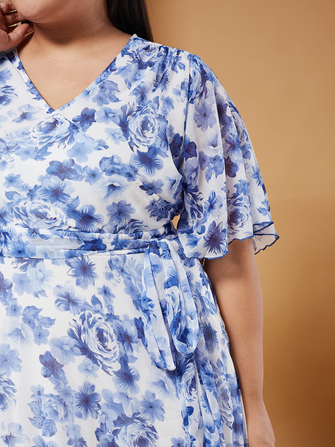 Multicolored Floral Wrap Chiffon Maxi Dress with White Base & Flutter-Sleeves for Women