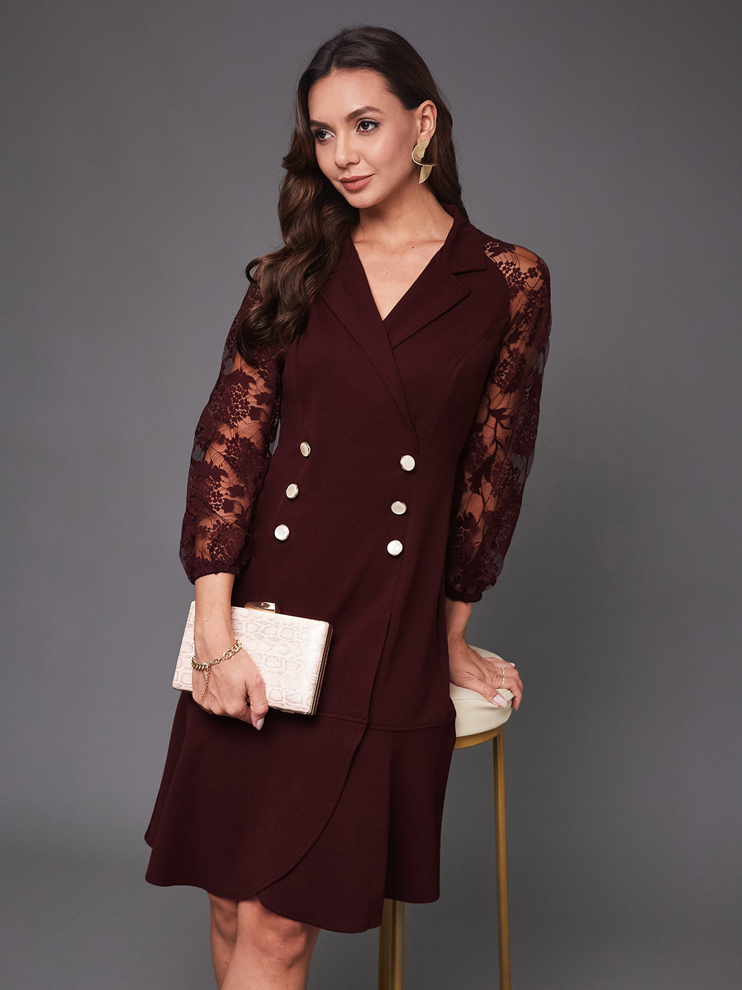 Women's Wine V-neck Full Sleeves Solid Blazer Knee Length Dress