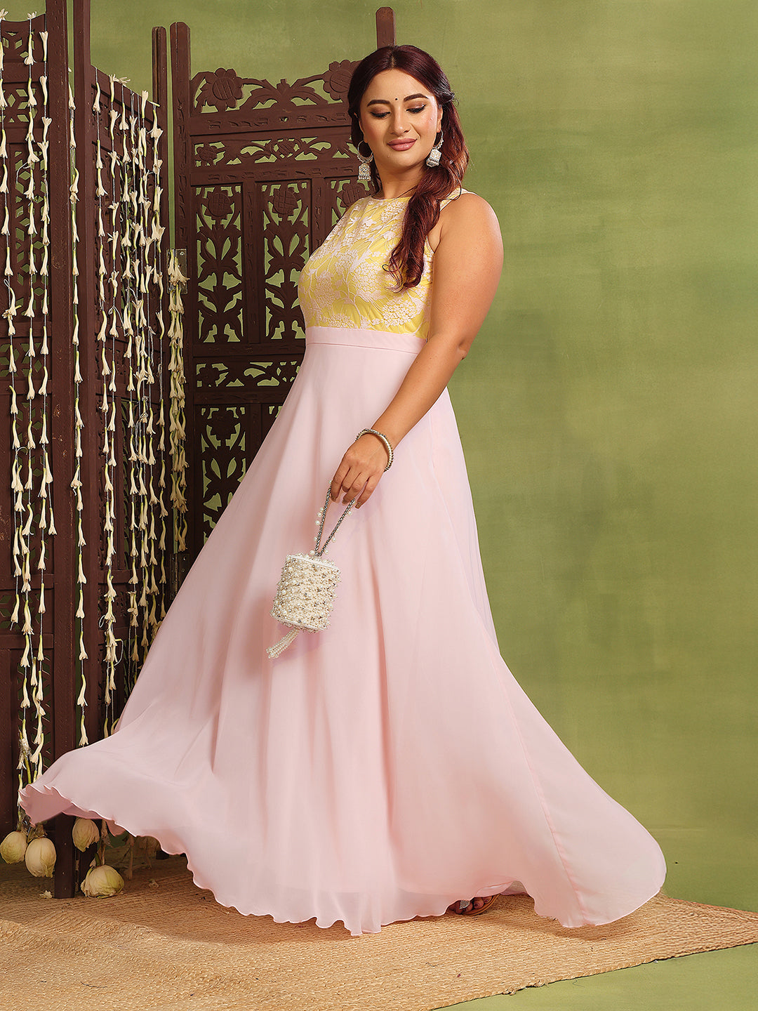 Women's Dusty Pink Boat Neck Sleeveless Self-Design Lace-Overlaid Georgette Maxi Dress