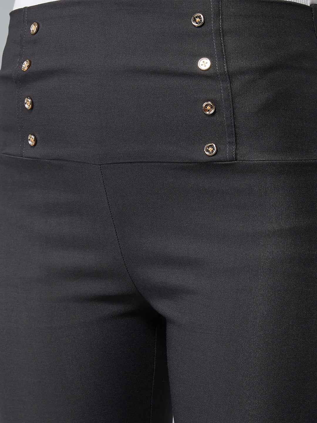 Women's Dark Grey Solid Skinny Knitted High Waist Buttoned Regular Length Treggings
