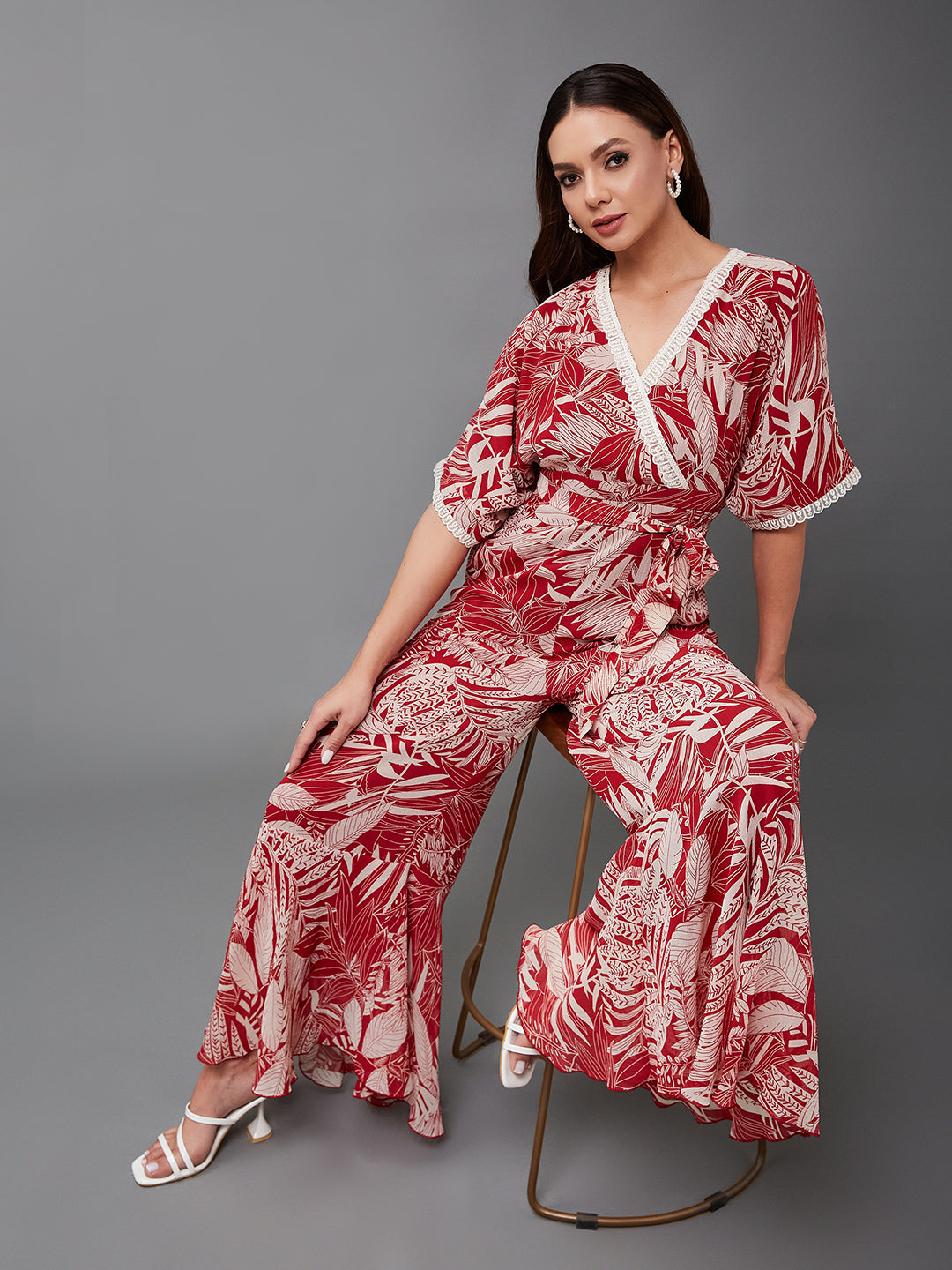 Women's Multicolored-Base-Maroon V-Neck Half Sleeve Floral Kimono Regular-Length Chiffon Jumpsuit