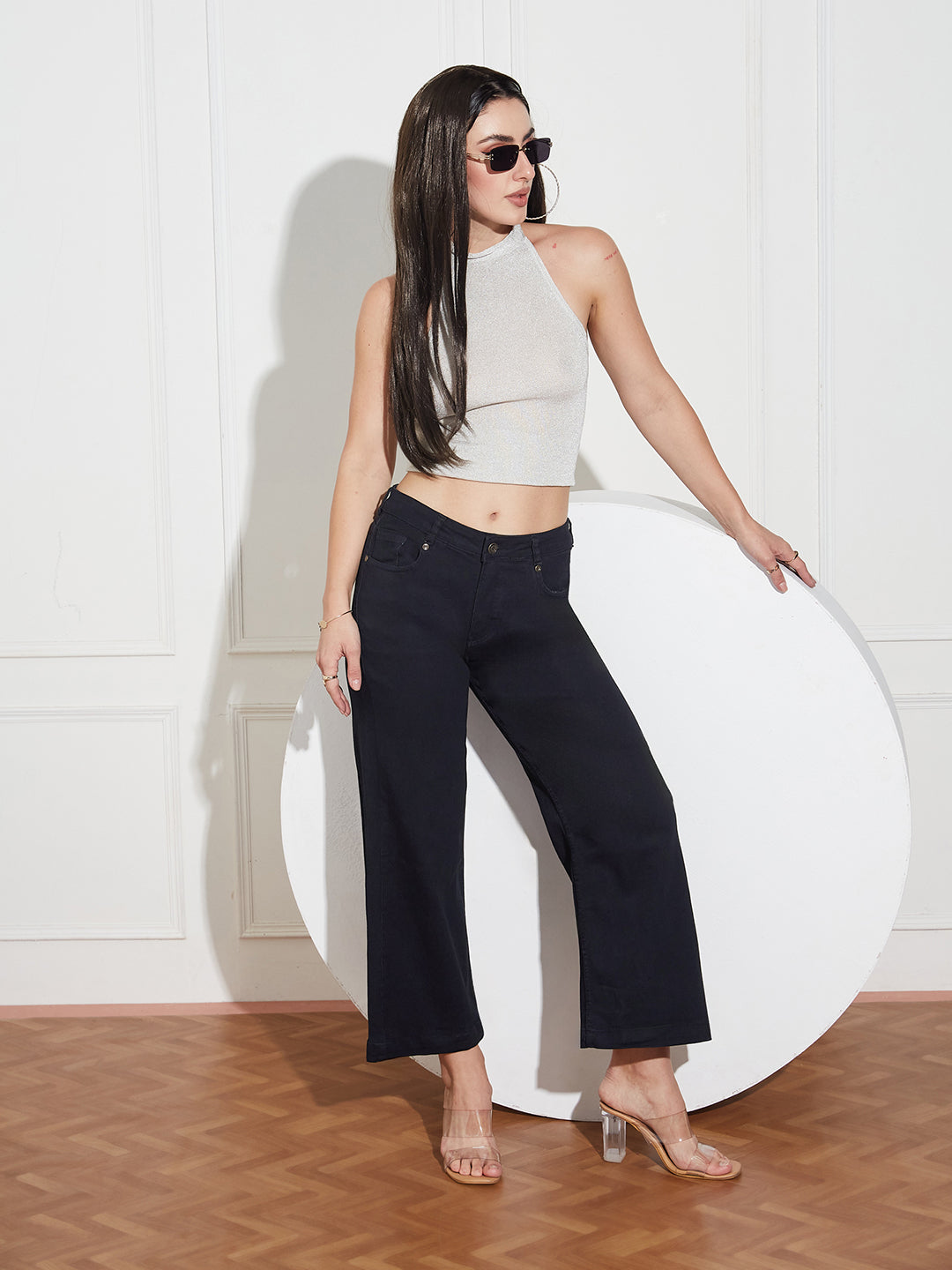 Women's Black Wide-Leg Mid Rise Clean Look Cropped Stretchable Denim Jeans