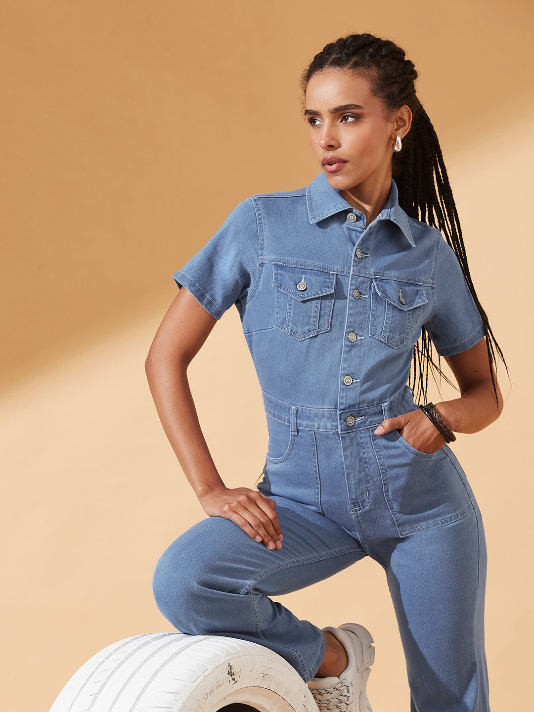 Light-Blue Flared High-Rise Stretchable Denim Jumpsuit for Women