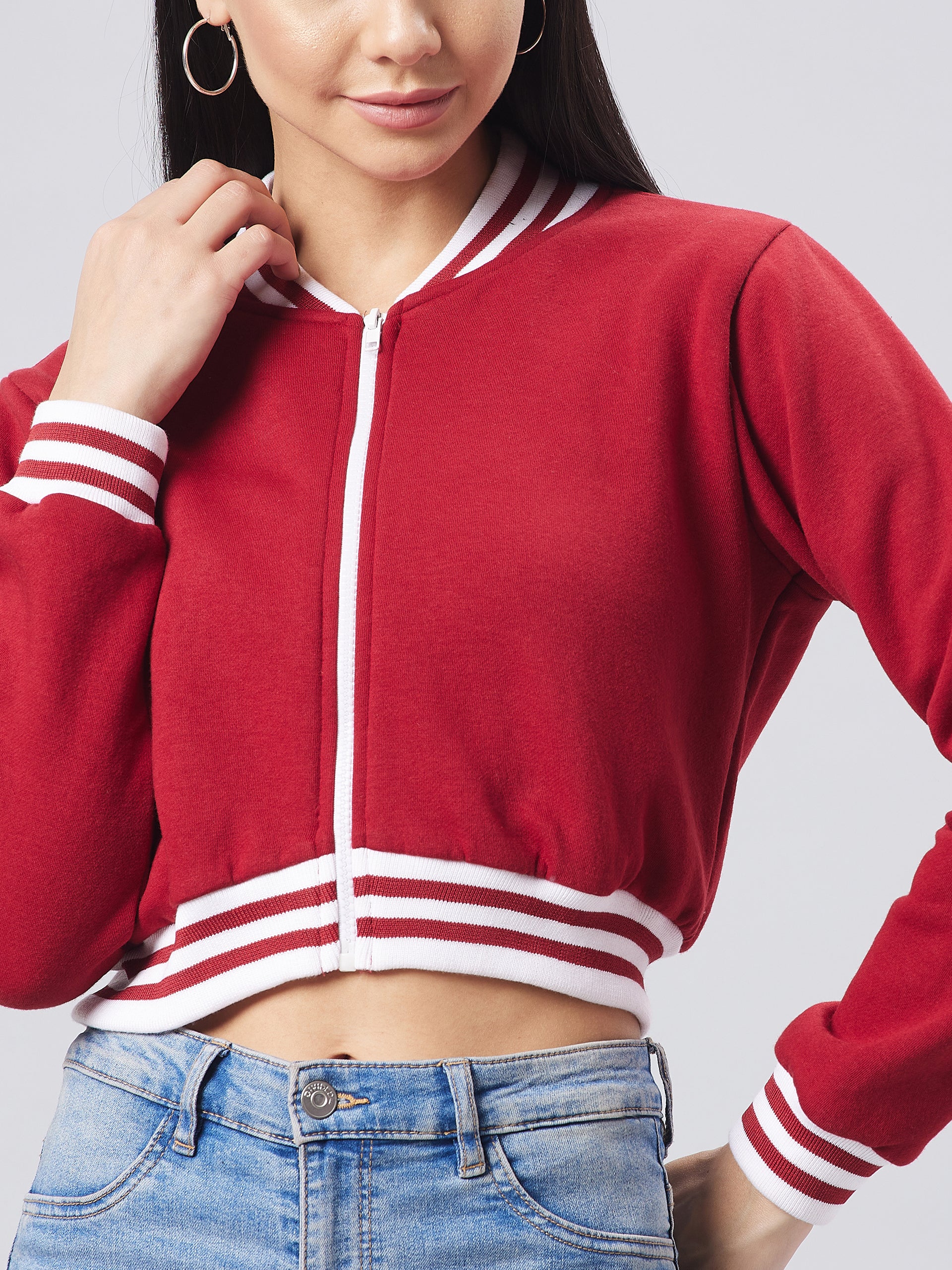 Women's Maroon V-Neck Full Sleeve Solid Bomber Crop Jacket