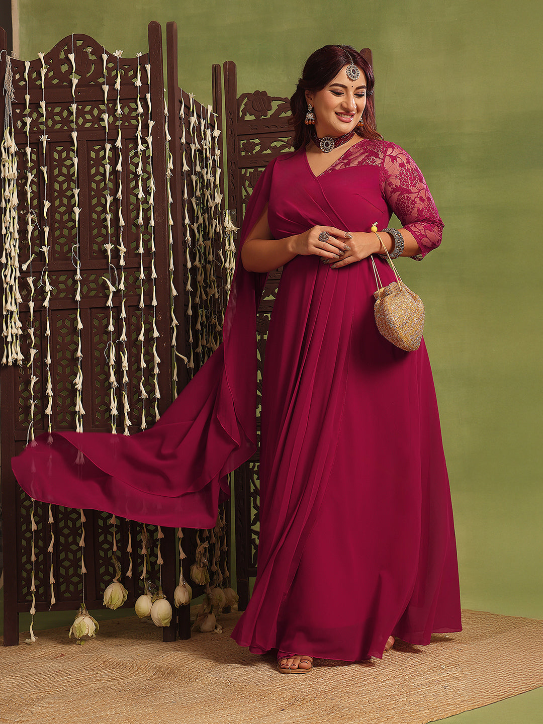 Women's Dark Pink V-Neck Asymmetric Self-Design Georgette Maxi Dress