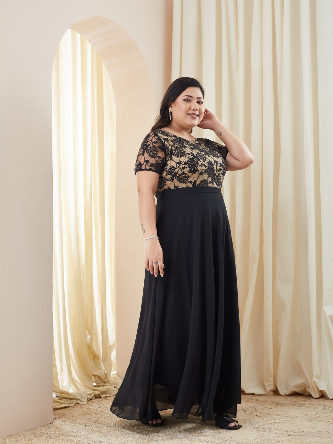 Black Round Neck Half Sleeve Self Design Fit & Flare Georgette Maxi Dress for Women