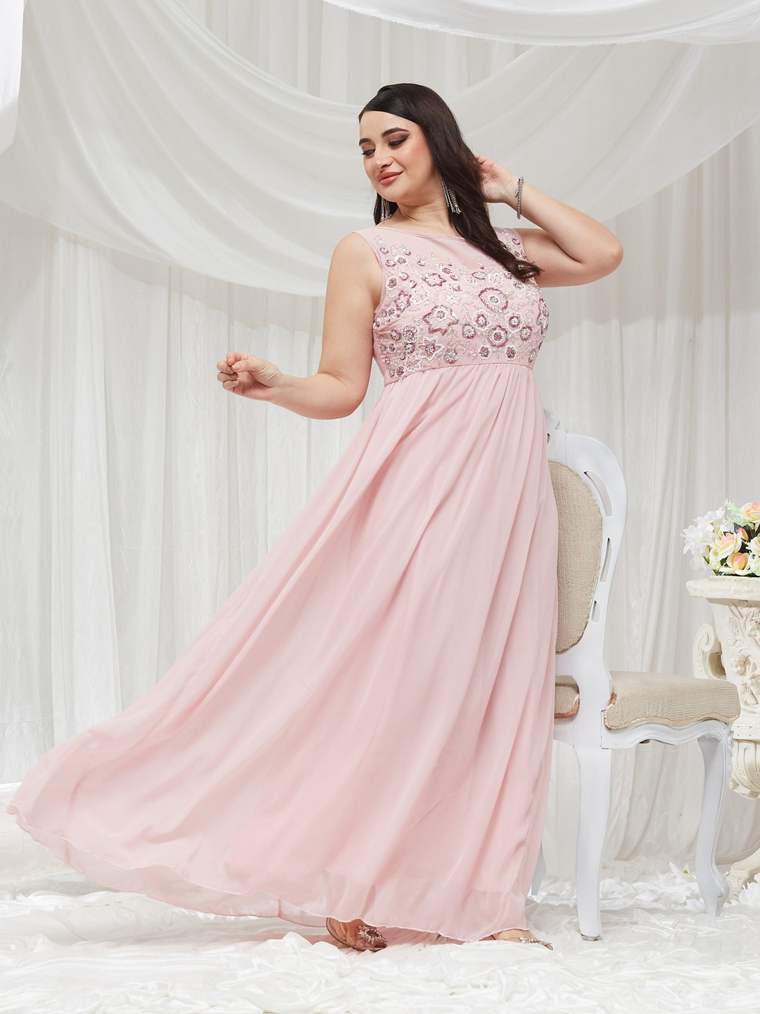 Dusty Pink Boat Neck Sleeveless Embellished Gathered Regular Dress for Women — Miss Chase A+