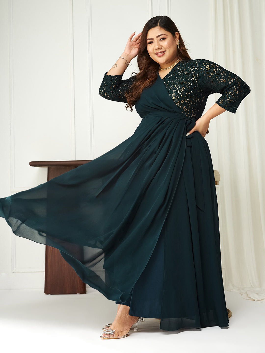 Women's Teal V-Neck 3/4 Sleeve Self-Designed Wrap-Styled Georgette Maxi Dress