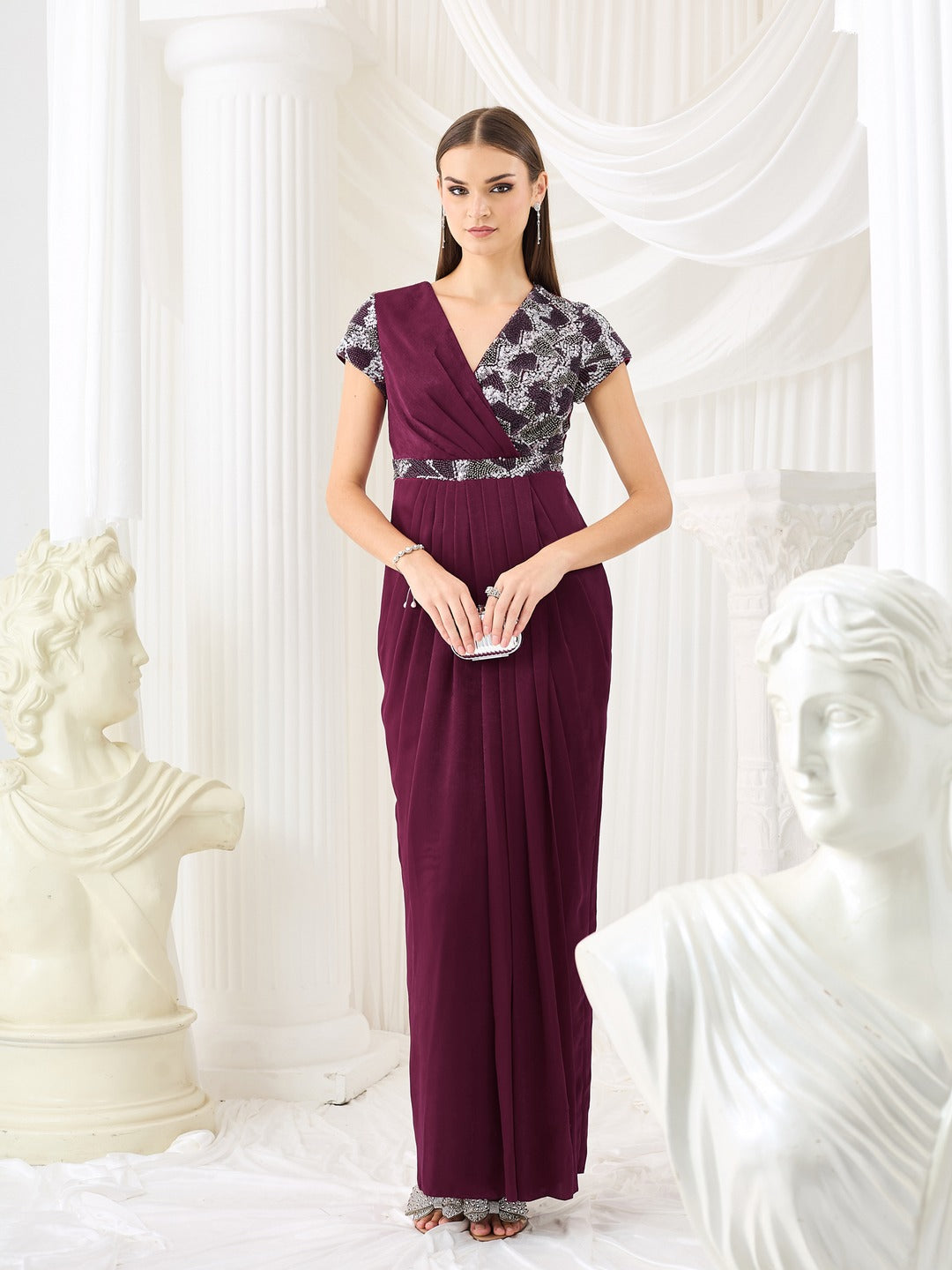 Wine V-Neck Gown in Embellished Pleated Lustrous Satin for Women