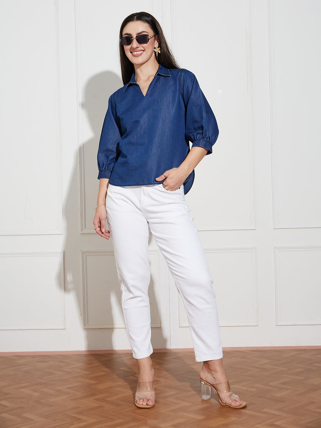 Women's Dark Blue Collar-Neck Puff-Sleeve Solid-Colored Light Weight Denim Tunic Top