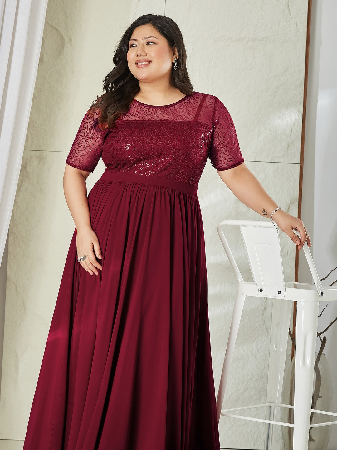 Maaroon Relaxed Fit Maxi Georgette & Sequins Dress for Women