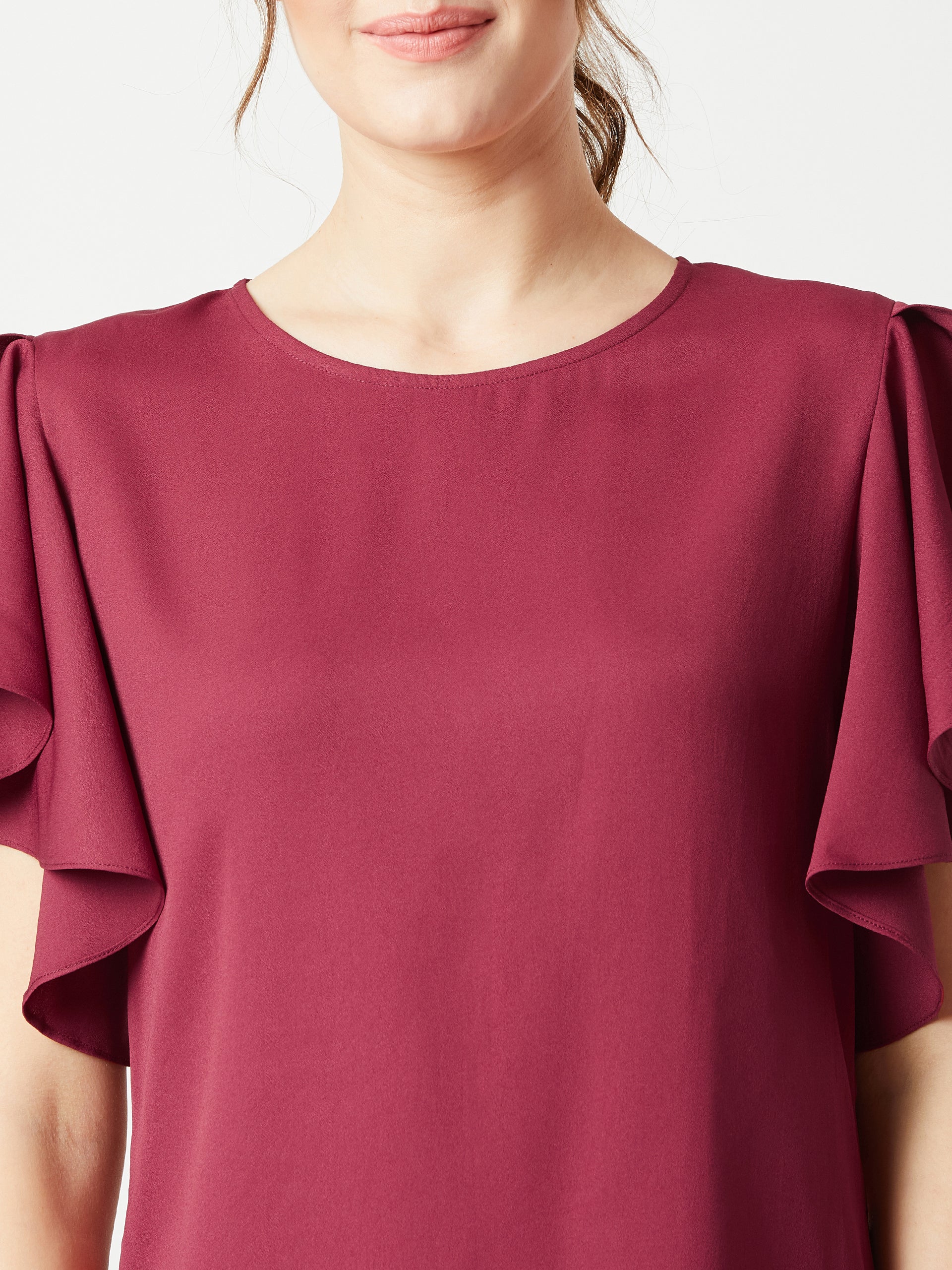 Women's Maroon Round Neck Short Sleeve Solid Ruffled Top