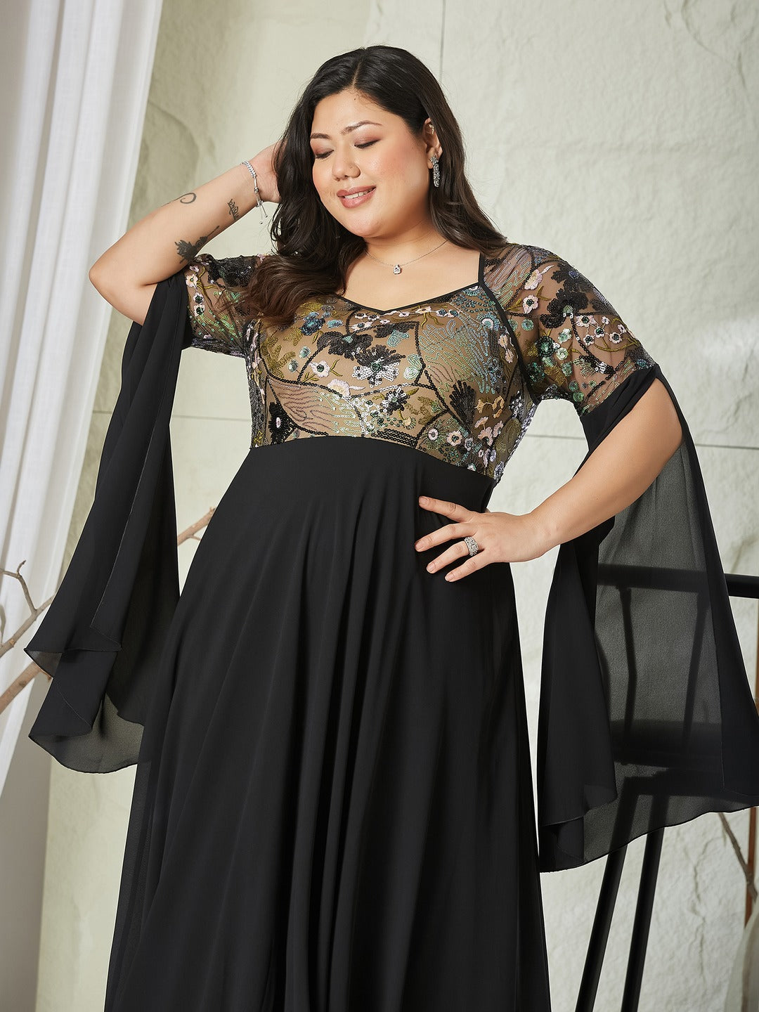 Black Sweet-Heart Full Sleeve Embellished Slit Sleeve Maxi Georgette Dress for Women