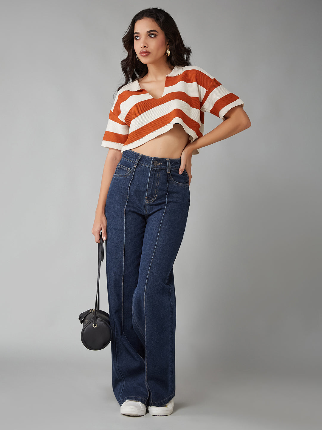 Women's Navy Blue Wide-Leg High-Rise Clean-Look Regular-Length Non-stretchable Denim Jeans
