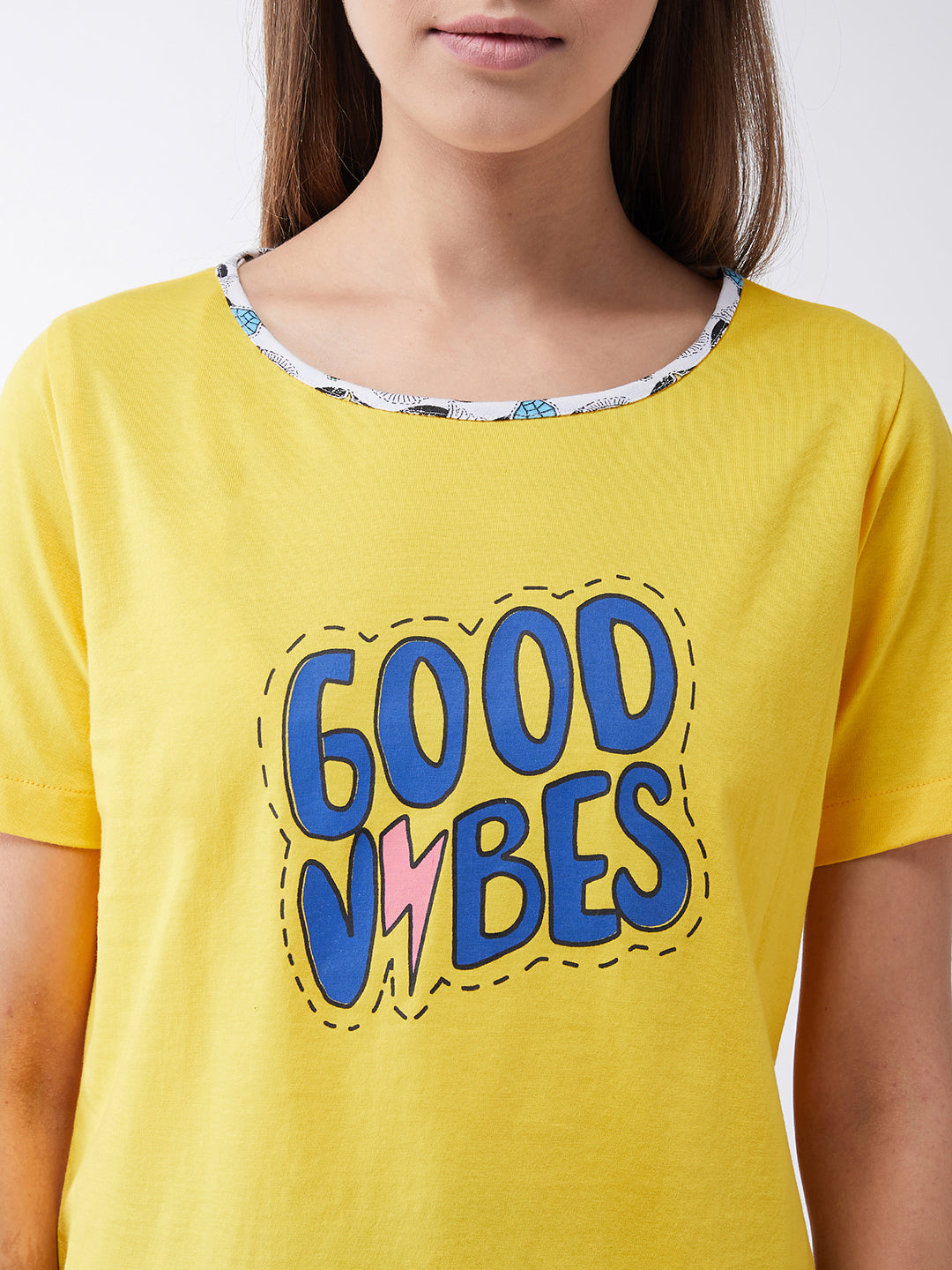 Women's Yellow Round Neck Short Sleeves Printed Regular length T-shirt