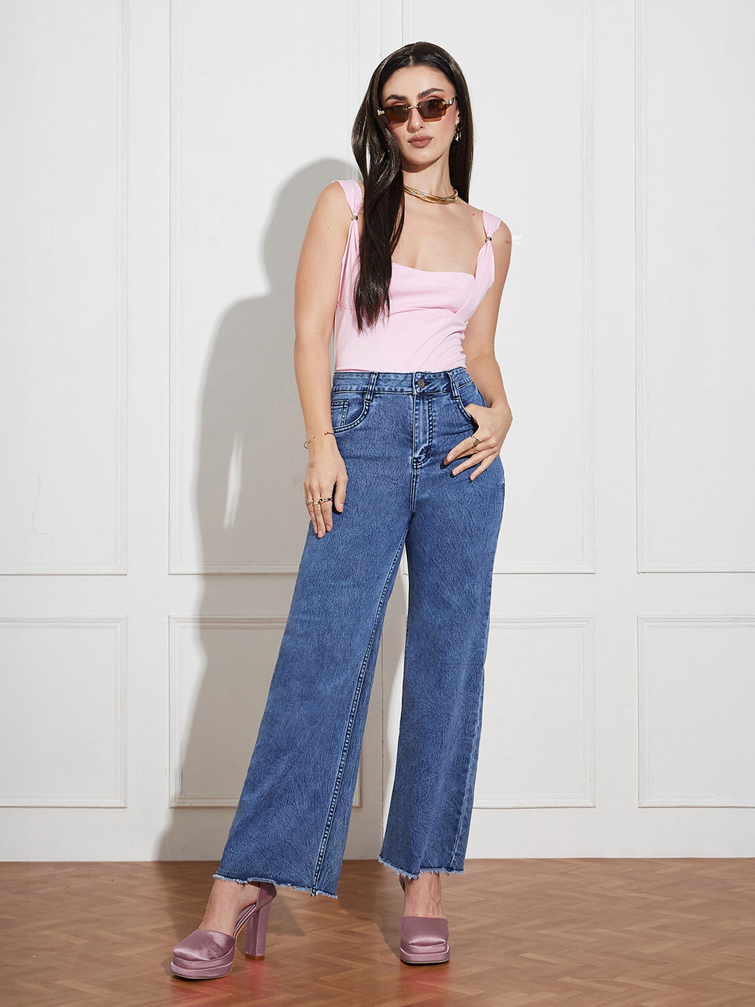 Women's Navy-Blue Wide-Leg High-Rise Clean-Look Stretchable Denim Jeans