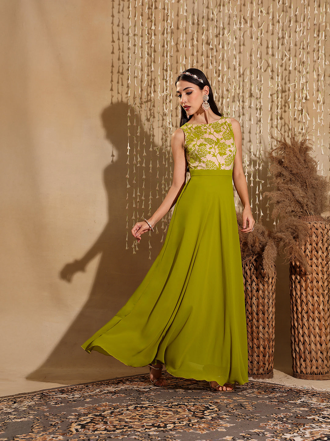 Women's Lemon Green Round Neck Sleeveless Georgette Floral Lace Fit & Flare Maxi Dress