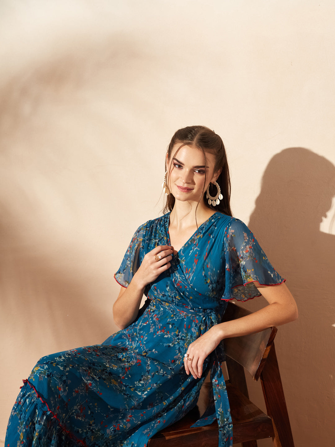 White & Blue Floral Printed Flutter Sleeves Maxi Dress for Women