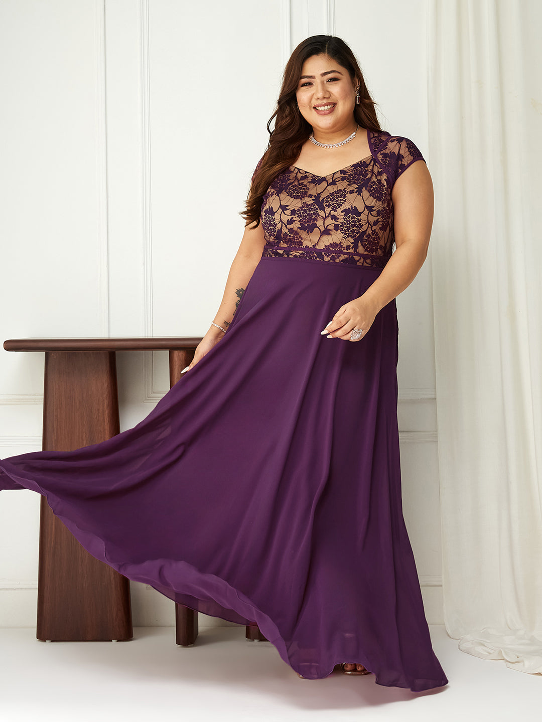 Dark Purple Sweet-Heart Neck Cap-Sleeve Floral Fit & Flare Georgette Maxi Dress for Women