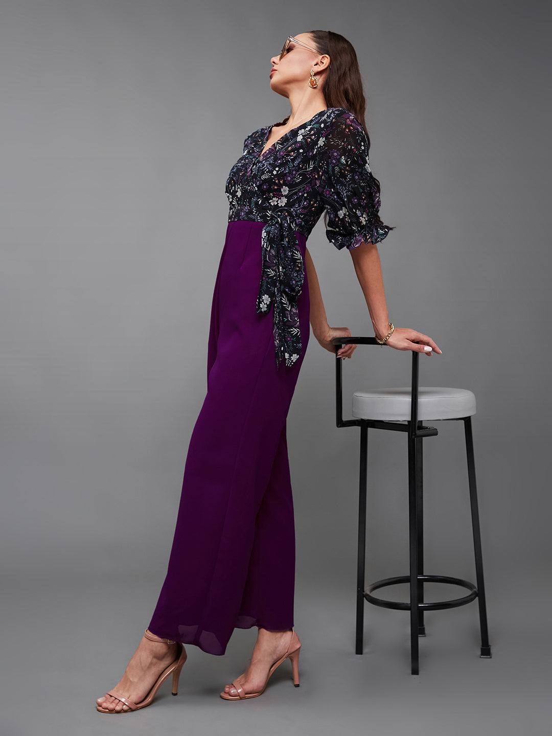 Women's Multicolored-Base-Dark Purple V-Neck Puff Sleeve Floral Patterned Wrap Regular Georgette Jumpsuit