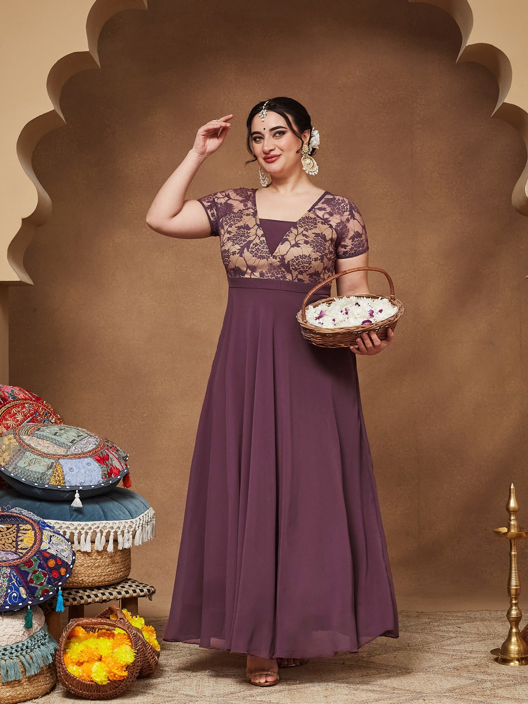 Mauve Square-Neck Raglan-Sleeve Self-Designed Flared Georgette Maxi Dress for Women — Miss Chase A+