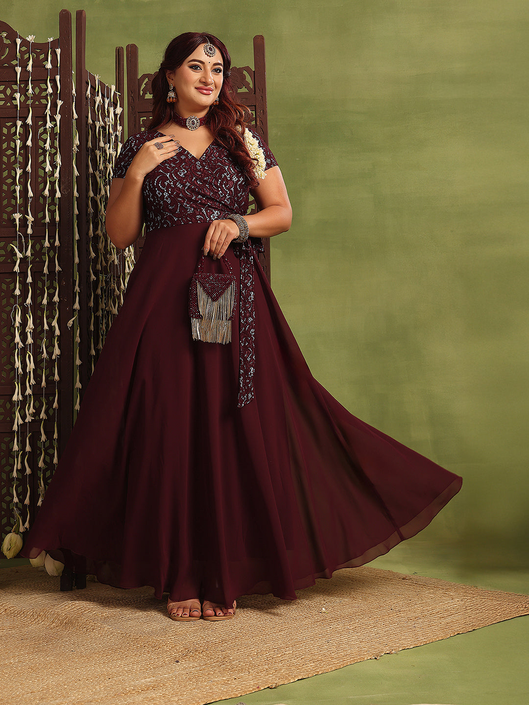 Women's Wine Colored V-Neck Short-Sleeved Self Designed Lace-Overlaid Maxi Georgette Dress