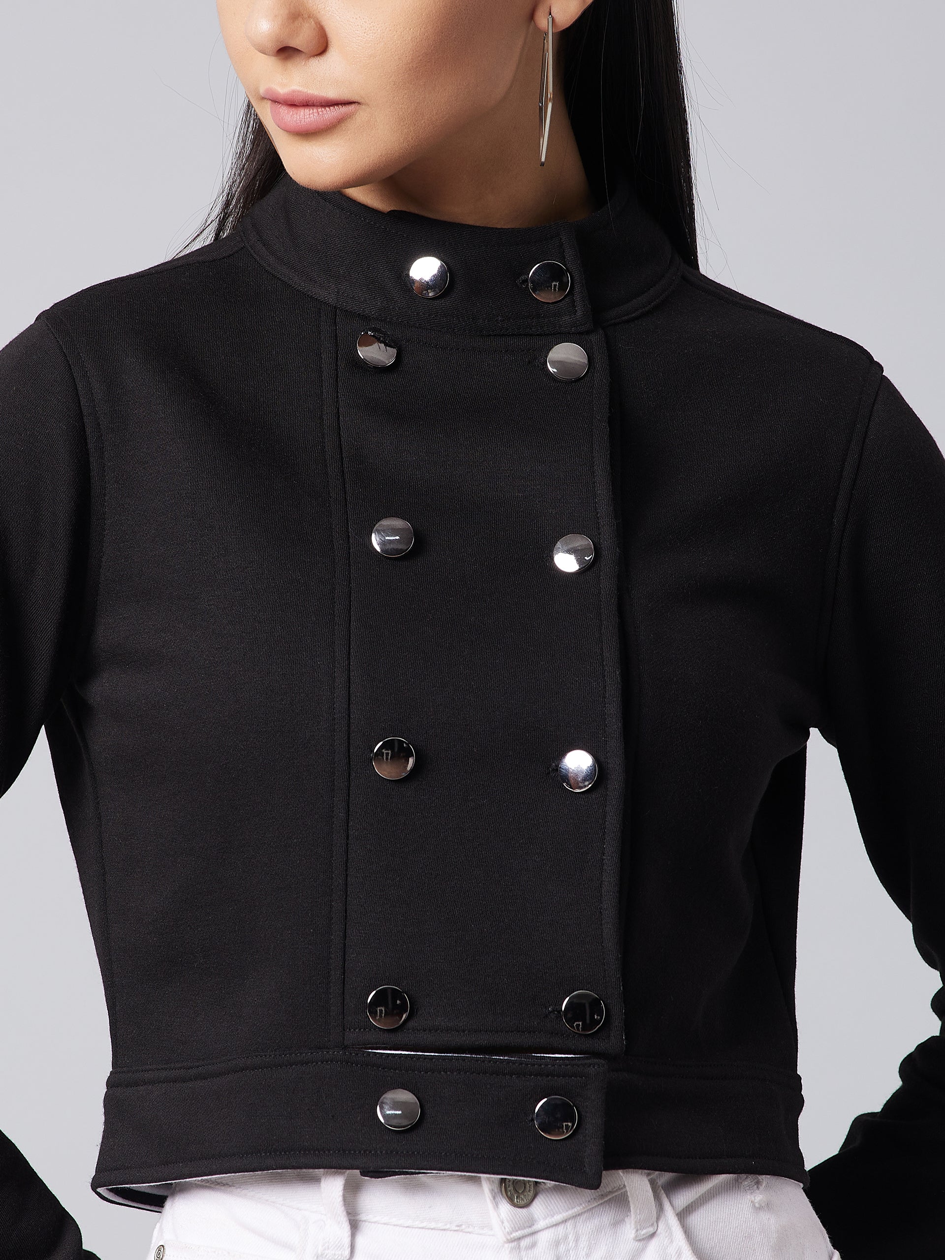 Women's Black Round Neck Full Sleeve Solid Paneled Crop Jacket