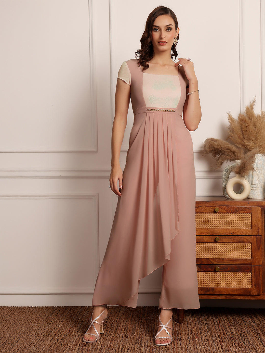 Women's Dusty Peach Square Neck Short Sleeve Embellished Pleated Regular-Length Jumpsuit