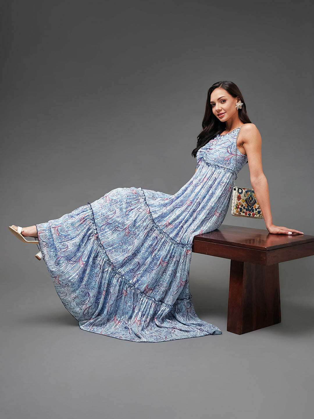 Women's Multicolored-Base-Sky Blue Sweetheart Neckline Adjustable Shoulder Strap Paisley Patterned Tiered Maxi Georgette Dress