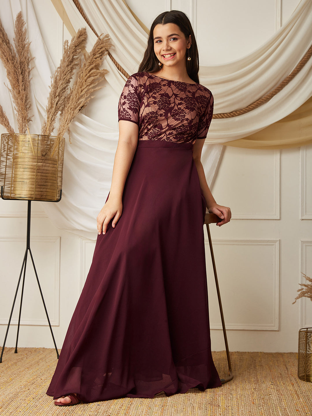 Wine & Beige Relaxed Fit  Georgette Maxi Dress
