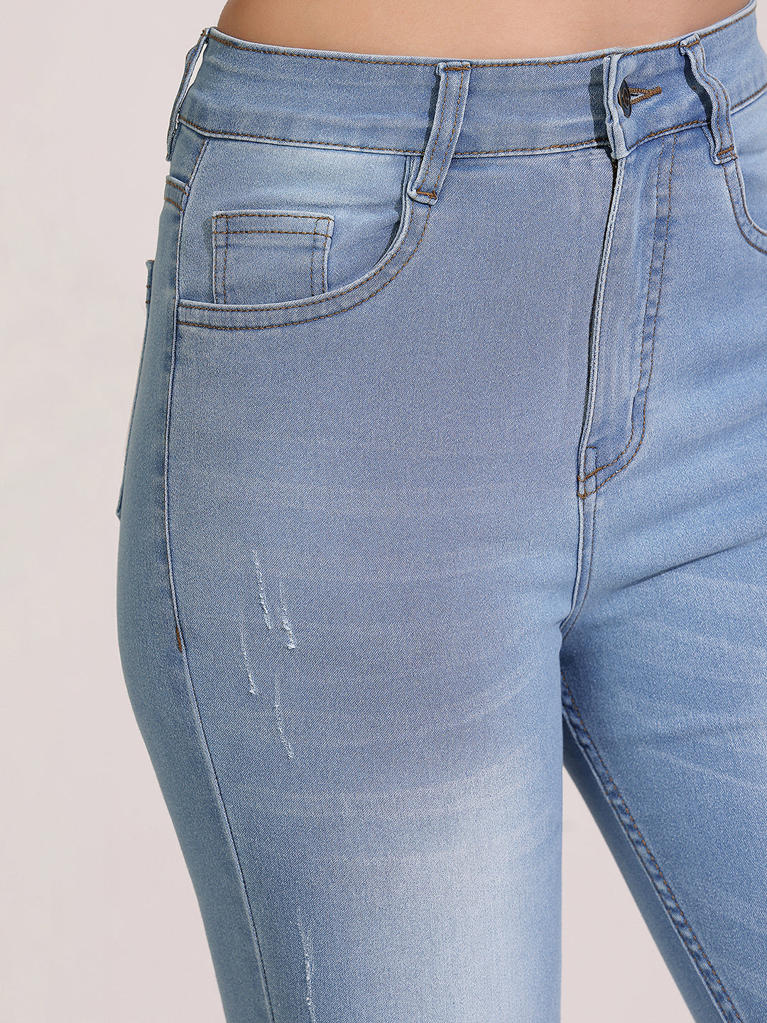 Women's Light Blue High-Rise Mildly-Distressed Regular-Length Stretchable Denim Skinny Jeans