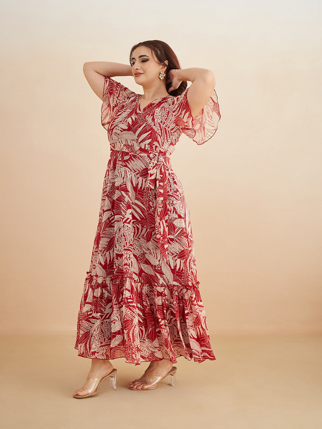 Maroon V Neck Flared Sleeve Floral Wrap Maxi Dress for Women