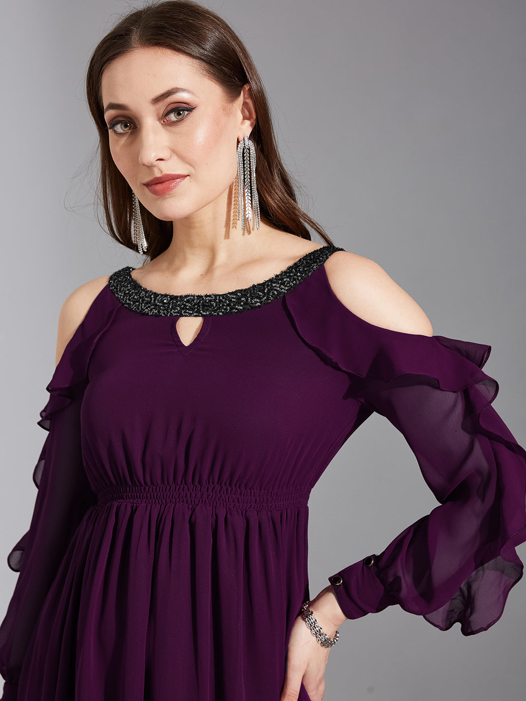 Women's Dark Purple Solid Round Neck Full Sleeves Polyester Ruffled Knee Length Dress