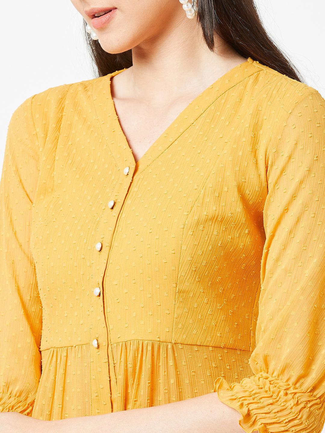Women's Mustard Yellow V-Neck 3/4 Sleeves solid empire Maxi Top
