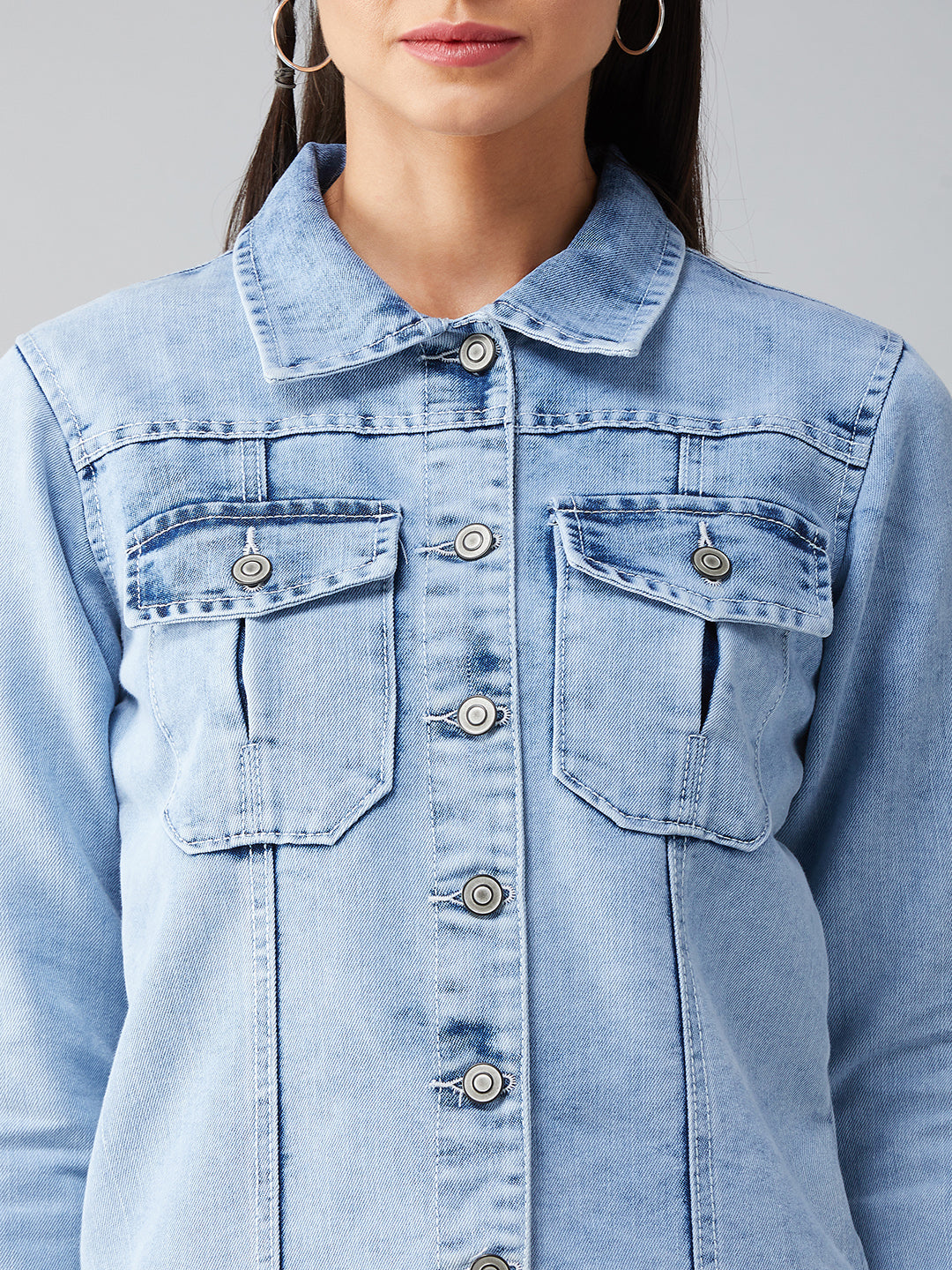 Women's Light Blue Collared Full Sleeves Solid Buttoned Denim Jacket