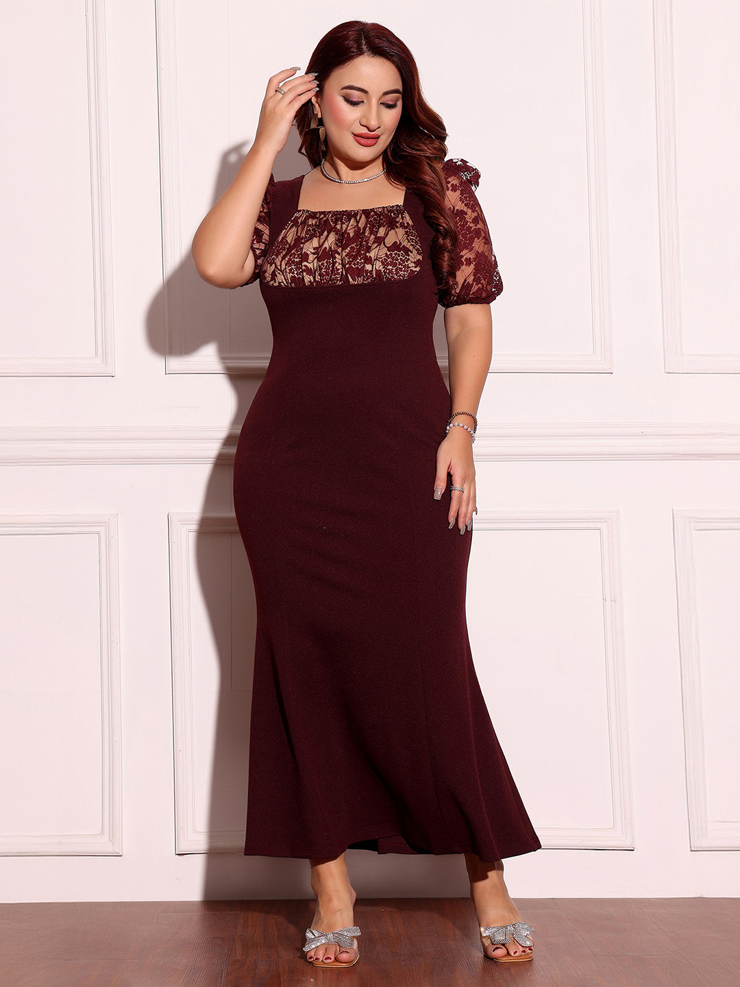 Wine Square Neck Short Puff Sleeve Self Design Lace Overlaid Bodycon Midi Dress for Women