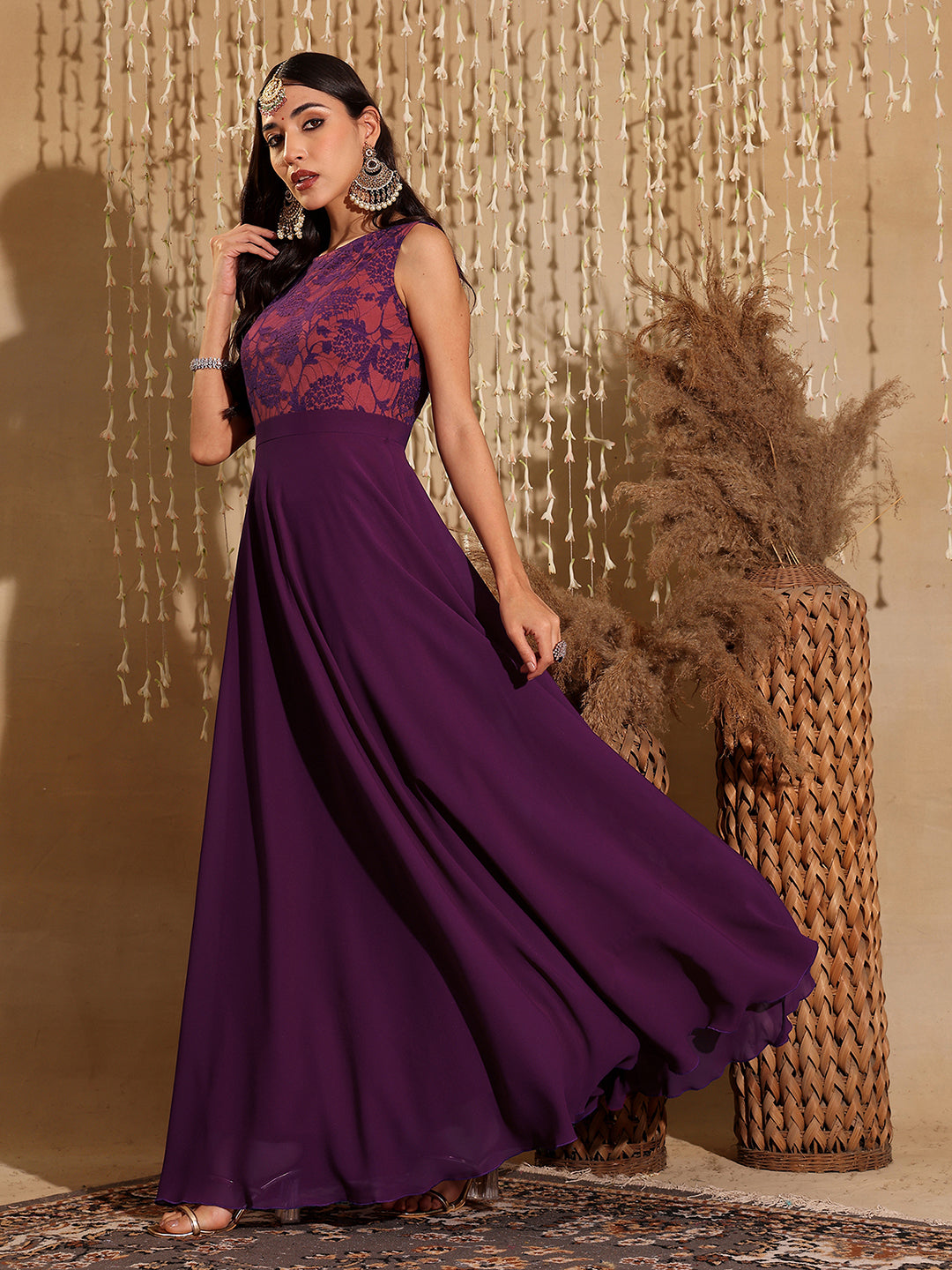Women's Dark Purple Round Neck Sleeveless Georgette & Lace Floral Fit & Flare Maxi Dress