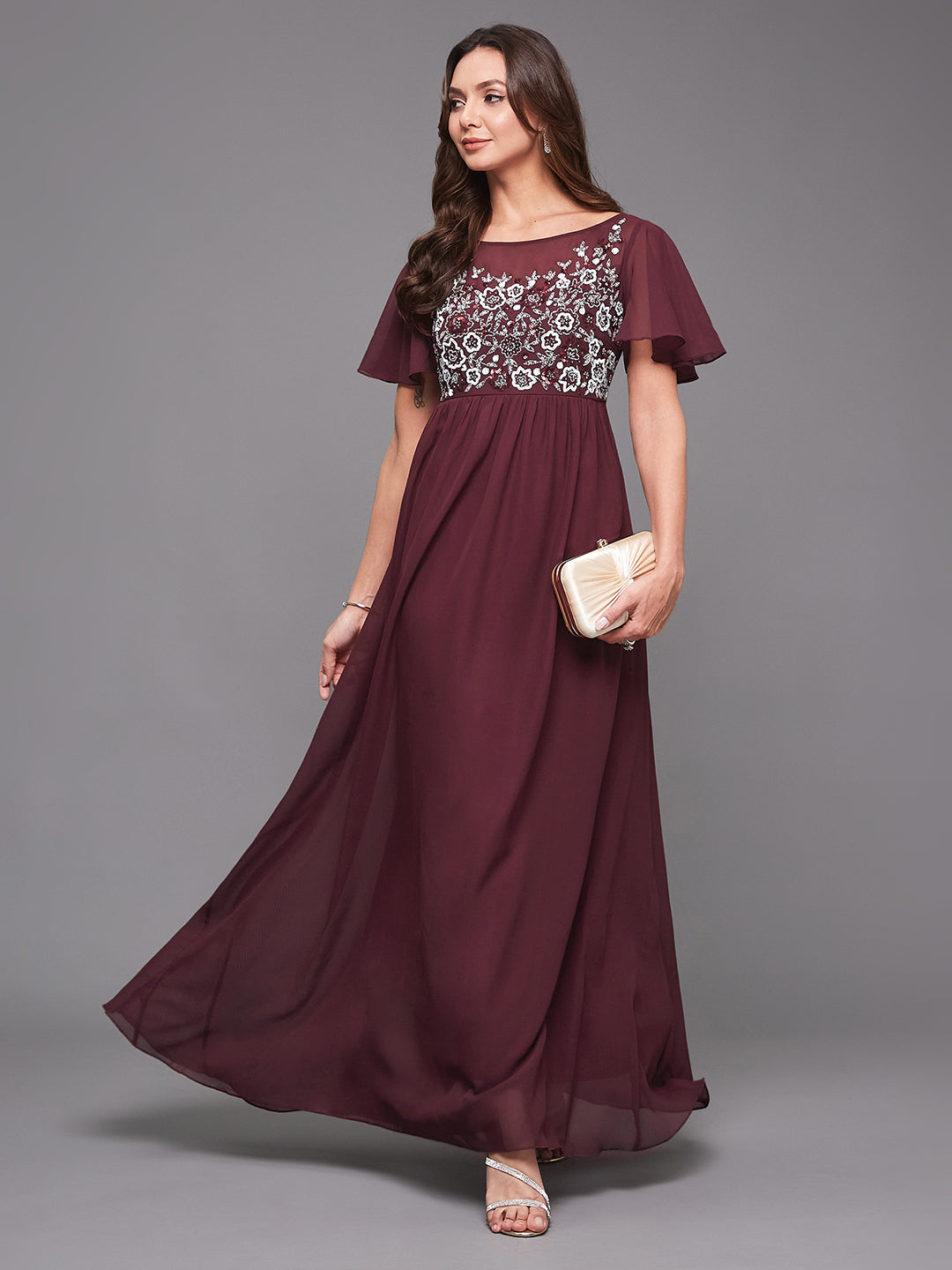 Women's Wine Boat Neck Half Sleeve Solid Embellished Georgette Maxi Dress