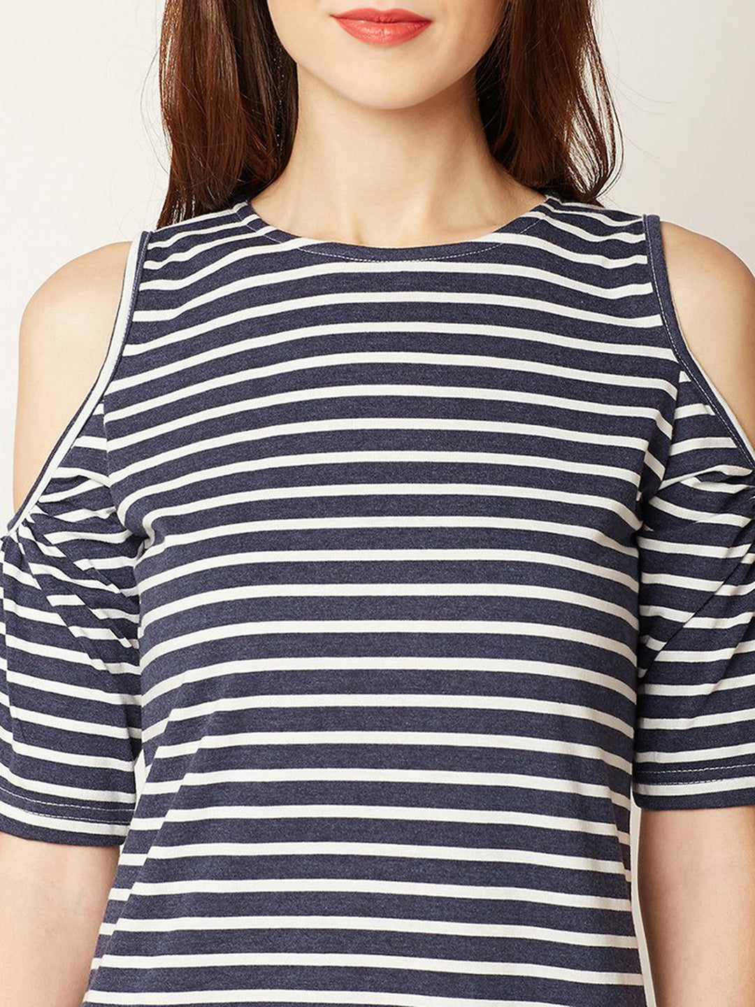 Women's Navy Blue and White Round Neck Half Sleeve Striped Mini Cold Shoulder Dress