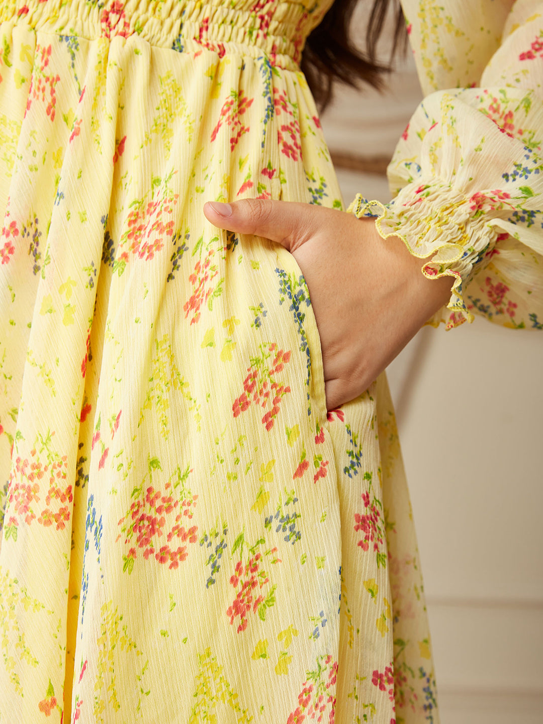 Multicolored-Base-Lime Yellow V-Neck Bishop Sleeve Floral Gathered Chiffon Maxi Dress