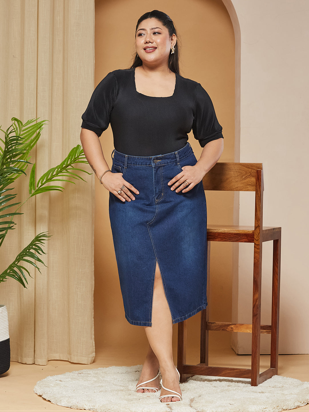 Dark Blue A-Line High-Rise Non-stretchable Denim Midi Skirt for Women