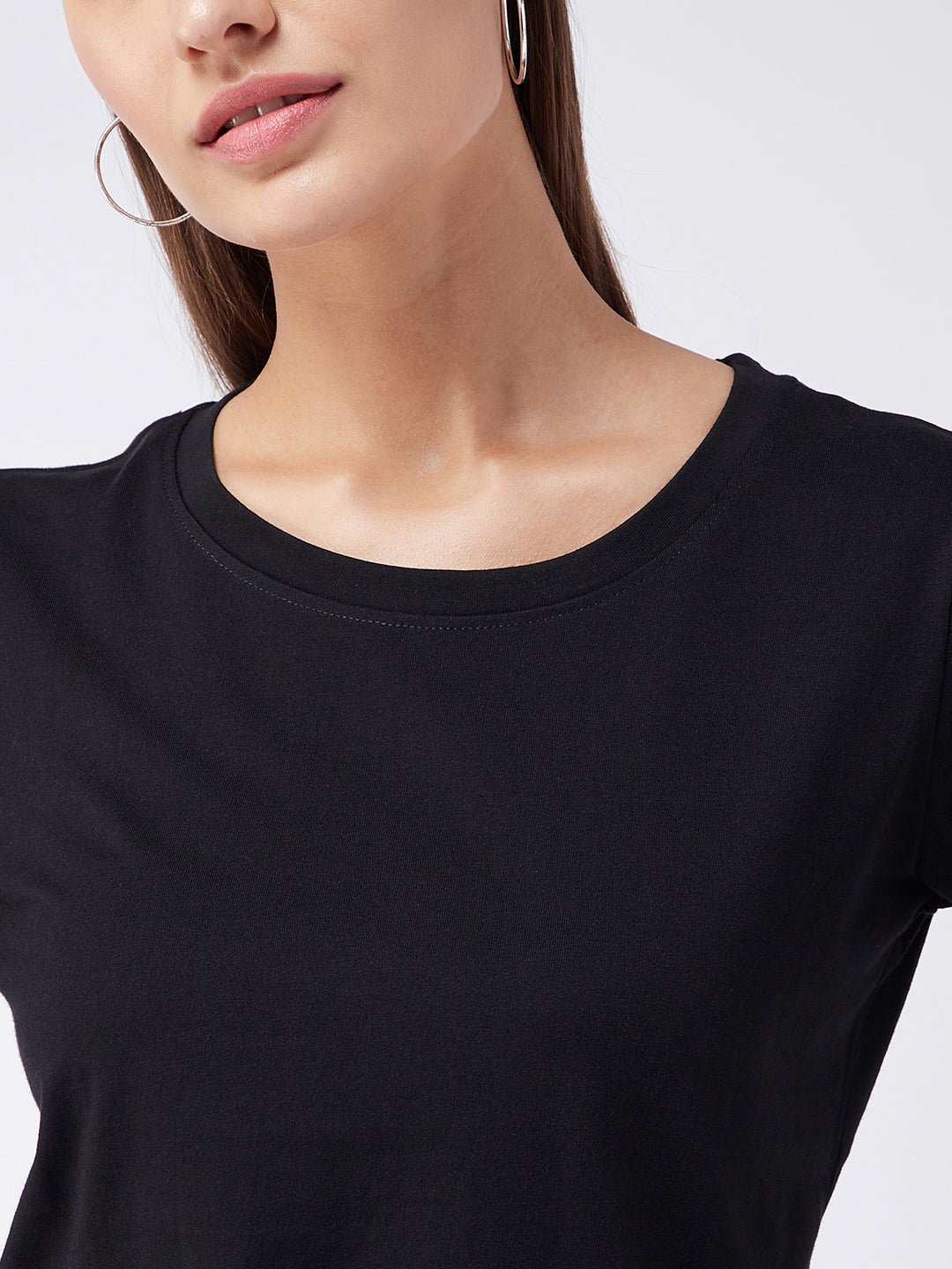 Women's Black Round Neck 3/4 Sleeves Solid Basic Top